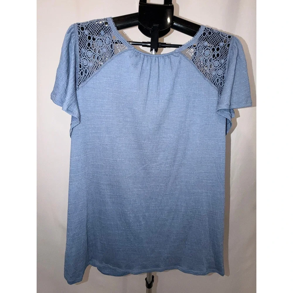 Max Studio London V-Neck Crochet Lace Blue Top Women 3X